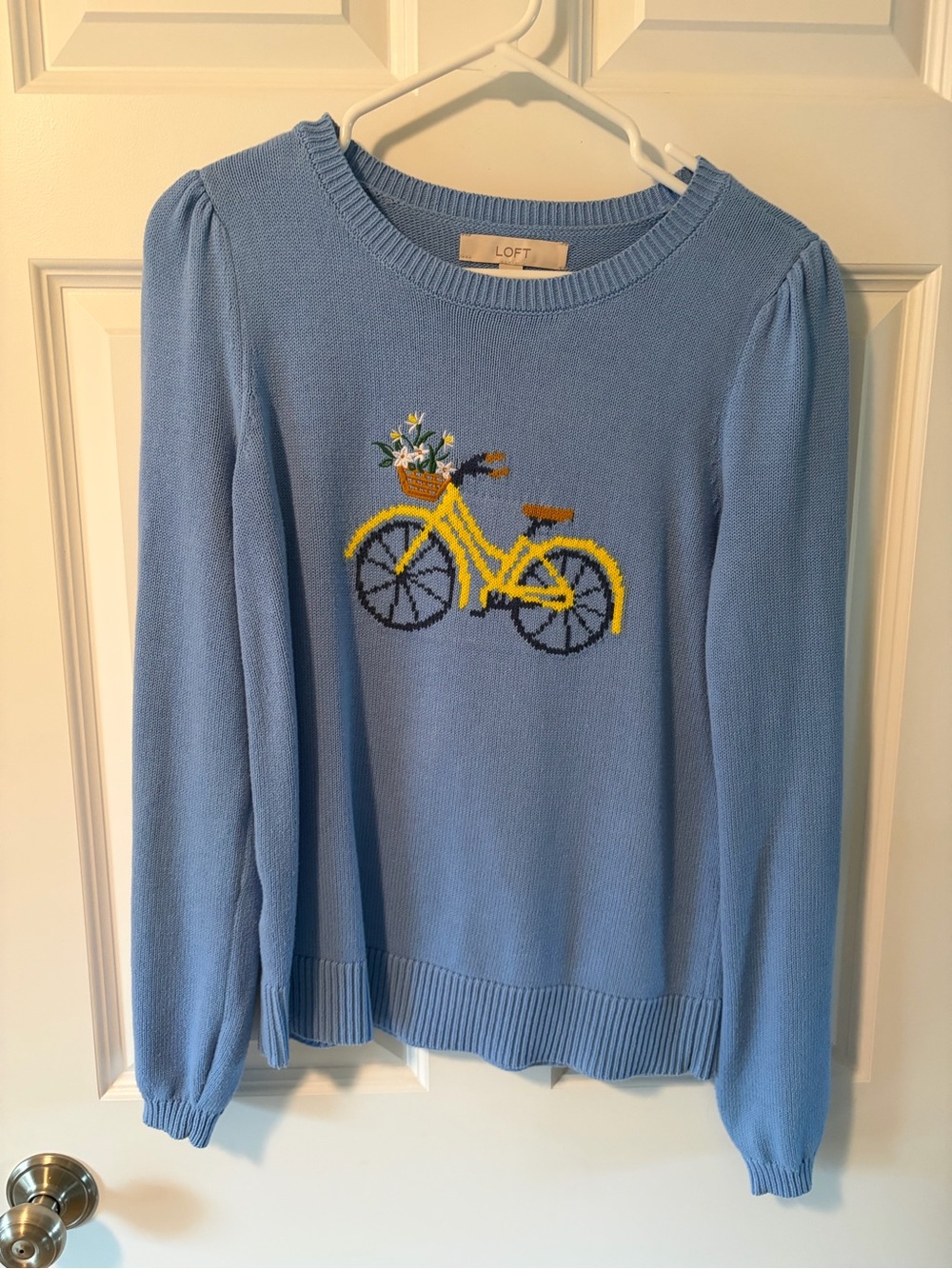 LOFT Light Blue Crewneck Sweater with Yellow Bicycle Motif